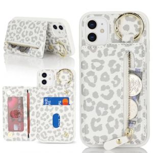 Ｈａｖａｙａ Coque pour iPhone 11 avec Porte Carte Etui f&uuml;r iPhone 11 avec Mousqueton Porte cl&eacute; Porte Monnaie Femme Cuir zipp&eacute; Housse Rabat avec Anneau - Imprim&eacute; l&eacute;opard Blanc (HuaJie-Tech, neuf)