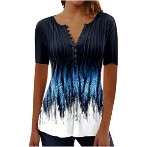 Chemisier Femme Chic et Élégant Manches Courtes Tshirt Chemisiers Et Blouses Grande Taille Imprimé Plissé Henley Tunique Tops Col V Blouse de Soie Boheme Haut Tunique Été Tee Shirt Femmes Solde (⭐⭐⭐⭐⭐AEGJEGVD(5-15 jours Arrivé), neuf)