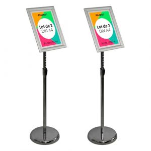 Aluanz Porte affiche A4 sur pied argent - Lot de 2 - Support d&rsquo;information, Pr&eacute;sentoir sur pied hauteur r&eacute;glable, Porte affiche en aluminium, Pr&eacute;sentoir pivotant, Pr&eacute;sentoir buffet - Hauteur 75-125 cm (DisplaySign, neuf)