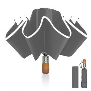 Pioggistar Parapluie inversé, Parapluie Pliant Automatique 10 Baleines pour Homme et Femme, Manche en Bois, Anti Vent, Anti Tempete, Diamètre 105 cm, Gris (N.SALARIO, neuf)