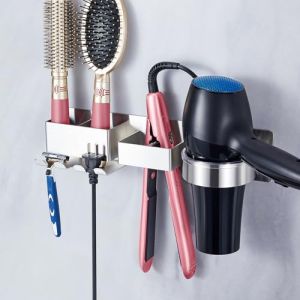 XILIMEN Support Seche Cheveux, Porte Seche Cheveux et Lisseur sans percage, Porte S&egrave;che Cheveux avec Range-C&acirc;bles et 2 Compartiments de Rangement, Acier inoxydable Porte Seche Cheveux Mural (SunyaTech, neuf)