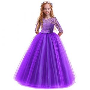 IWEMEK Enfants Fille Robe de Carnaval Princesse Longue en Dentelle avec Bowknot Demoiselle d'honneur Robe de Soirée Mariage Robe de Première Communion Anniversaire Fête Photographie 7-8 Ans (IWEMEK, neuf)