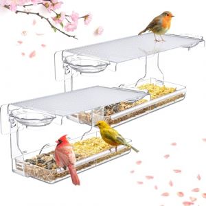 Mangeoires à oiseaux de fenêtre pour petits oiseaux avec 2 séparateurs, mangeoire transparente pour oiseaux à l'extérieur pour observation des oiseaux sauvages pour jardin, cour, enfants âgés (Viivat, neuf)