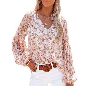 Chemise Fleurie Femme Blouse Col V Haut Femme Ete Chemisier Mousseline Femme Chic Chemise Manche Longue Fluide Ample Casual Large Femmes Blouse Tunique Manches Longues Été Femme Grande Taille Blanc M (Pengniao, neuf)