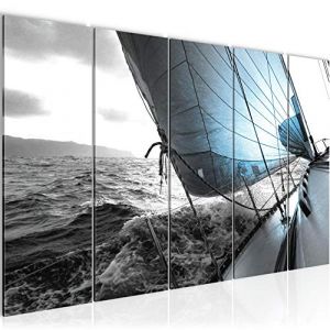 Runa Art Tableau mural XXL Eau Bateau 200 x 80 cm Turquoise Gris 5 Parties - 600955c (Runa Art GmbH, neuf)
