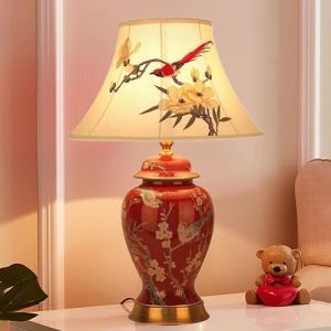 XINYASEE Lampe de table en c&eacute;ramique peinte, lampe de chevet r&eacute;tro avec abat-jour en tissu, lampe de bureau, llampe &agrave; poser pour la chambre &agrave; coucher et le salon E27 (rouge) (QIRIDA, neuf)