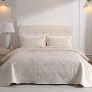 DUJUIKE Couvre-Lit Double 3 Pi&egrave;ces 220x240cm, Couette Matelass&eacute;e avec 2 Taies d'oreiller 50x90cm, Couvre-Lit Gaufr&eacute; Multifonctionnel, Peut &Ecirc;tre Utilis&eacute; comme Drap De Couverture De Canap&eacute; (Cr&egrave;me) (Pulchlla, neuf)