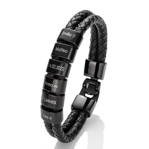 MYCLUSIV&reg; Bracelet Homme en Cuir avec Gravure Personnalis&eacute;e &ndash; Cadeau pour Papa &ndash; Bracelet Noir en Cuir V&eacute;ritable avec Nom (MYCLUSIV, neuf)