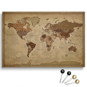 Toile personnalisable motif carte du monde en liège à épingler, parfaite pour les voyageurs et la décoration murale – tableau décoratif sur toile, 100 punaises inclus (Design 3 FR, 120x80 cm) (Pinmap, neuf)