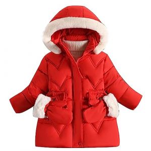 linboo Manteau Fille Doudoune Chaud Veste à Polaire Enfant Blouson d'Hiver à Capuche Fourrure Epaisse Rembourré Parka avec Gants, Rouge, 4-5 ans (TBONBON-EU, neuf)