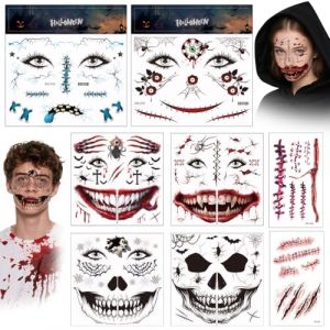 Tatouage Cicatrice Halloween 8 pièces Set, Tatouages Temporaires Effet Réaliste, Thèmes Horreur, Facile à Appliquer, 4 Tatouages Visage + 2 Stickers Fantômes + 2 Cicatrices Halloween, Idéal (KUBD, neuf)