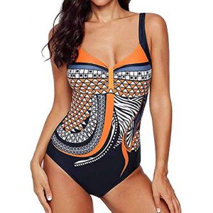 Yuson Girl Femme Elégant Sexy Été Maillot De Bain Vintage 1 Pièce Taille Haute Monokini Amincissant Imprimé Dos Nu avec Bra Push Up Rembourré Monokini Ventre Plat Géométrique Straps African,Orange,M (YusonGirl, neuf)