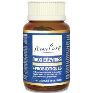 Enzymes Digestives Essence Pure | Avec Probiotiques Flore intestinale et Fibres Prébiotiques | Lactobacillus Salivarius, Lactase | 18 Enzymes Origine Végétale | 80 Gélules Api-Nature (Naturabit, neuf)