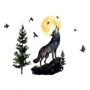 SUPERDANT Forêt Animal Sticker Mural Aquarelle Lune Nuit Loup Stickers Muraux Autocollants Amovibles Décor à la Maison Mur Art Autocollant DIY Art PVC Sticker Mural Peel and Stick Stickers (SUPERDANT EU, neuf)