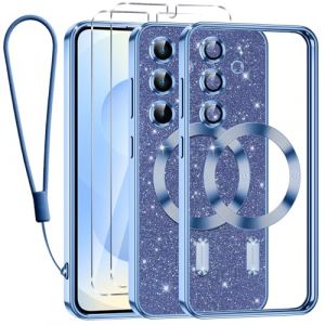 Kokio Glitter Magnétique pour Samsung Galaxy S25 Plus 5G Con Cordon, [Compatible avec MagSafe] Antichoc Brillant Pailleté Housse Souple Coque pour Samsung S25 Plus avec 2 Verre Trempé Étui, Bleu (Wulf Stefan, neuf)