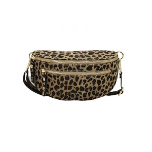 Demi Lune Médium Sac Banane Sac Poitrine Italien Cuir Italien Femme, Sac Demi Lune Porté Ceinture - 2 Compartiments (Leopard Taupe Nubuck) (TheWan concept store, neuf)