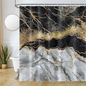 Rideau Douche Anti Moisissure, Uiiooazy Rideau de Douche 180x240cm Gris Effet Marbre Noir Jaune Abstrait Rideaux de Baignoire Tissu Lavable Imperméable Polyester Rideaux Salle de Bain avec 12 Crochets (dongguibinjingpinxiaodianpu, neuf)