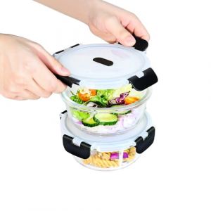 ERUIV Boite Vonservation Verre ronde, 2 pi&egrave;ce 620ml Lunch Box, Boite En Verre Avec Couvercle Alimentaire garder frais, recipient verre wtransparent (NO.1-XYF, neuf)