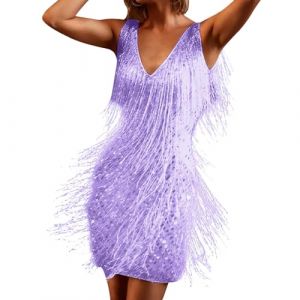 Cadeau Femme Robe Gatsby Couleur Unie sans Manche 1920S Robe &agrave; Frange Bretelles Robe &agrave; Charleston D&eacute;guisement pour Soir&eacute;e Danse Latine Robe Soiree Femme Paillette Costume Samba Femme (PINTUTU SEXY, neuf)