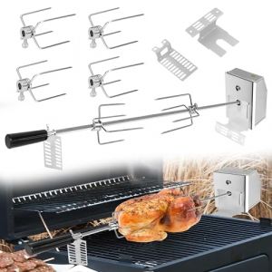Suusolny 107 cm en acier inoxydable pour barbecue &agrave; gaz, tournebroche avec 4 piques &agrave; viande, moteur &eacute;lectrique 220 V &ndash; 240 V, tournebroche pour r&ocirc;tisserie et barbecue &agrave; gaz (LIHUIHOUSE, neuf)
