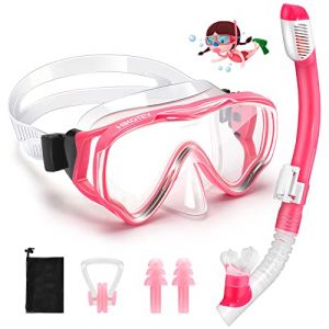 HIKOTEY Masque de Plong&eacute;e pour Enfant 4-16 ans ,Lunettes de Plong&eacute;e Panoramiques 180&deg;,Lentille en Verre Tremp&eacute; Antibu&eacute;e,Branches R&eacute;glable,Ensembles Tuba pour la Plong&eacute;e en Apn&eacute;e et la Plong&eacute;e-Rose Set (ximiEU, neuf)