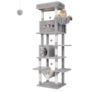 Hzuaneri 210 cm Grand Arbre à Chat, Tour à Chat pour Chats d'intérieur, avec Grand Perchoir, Tapis Lavable, 2 Niches Chats, 8 Griffoirs, Hamac, Pompons, Gris Clair MS21018LG (Hzuaneri FR, neuf)