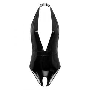 iiniim Femme Sexy BodyString Seins Ouvert Catsuit Cuir Verni Bodysuit Wetlook Combinaison Sans Manche Jumpsuit Lingerie Clubwear S-4XL Noir A 4XL (yunduantong, neuf)
