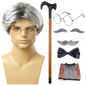 Huehkir Ensemble de perruques de vieil homme, cosplay de vieil homme, Kit de costumes de grand-père 8 pièces/ensemble, Costume de pour Halloween, Noël, soirée à thème Cosplay (huiyf, neuf)