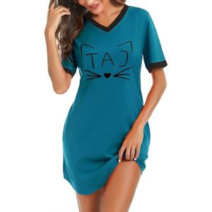 Litherday Chemise de Nuit Femme Coton Robe de Nuit Col V Rayé Nuisett imprimé Chat Mignon à Manches Courtes Vêtement de Nuit,B Lac Bleu(New),S (GXZ-EU, neuf)