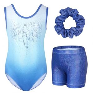 Gogokids Ensemble de Gymnastique Trois Pi&egrave;ces pour Filles, Justaucorps Sans Manches avec Shorts et Bandeau, Tenue de Gymnastique avec Design de Couleur Scintillants D&eacute;grad&eacute;e pour 9 &agrave; 10 Ans (KunTee, neuf)