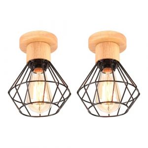 PETITES ECREVISSES 2 Pakcs Plafonniers Luminaires E27 Int&eacute;rieurs Lampes de Plafond Abat-Jour Vintage M&eacute;tal et Bois Forme Diamant Lustre Suspension Industrielle &Oslash;160mm pour S&eacute;jour Chambre Cuicine (DOO2U, neuf)