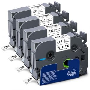 4x XemaX Ruban Compatible pour Brother P-Touch Étiquettes de Cassette TZe-231 TZ-231 AZe-231 TZc-231 Bandes 12mm Ruban Brother Ptouch pour PT-E110 H100R H110 H101C H108 E100 H100LB H105 Noir sur Blanc (Xemax, neuf)