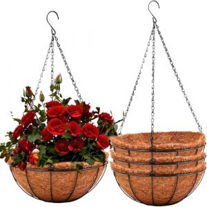 LATERN 4 Pièces Pots à Suspendu en Métal avec Doublure en Coco, 20CM Panier de Fleurs Ronds Suspendus de Doublure en Fibre de Coco avec 40CM Chaîne pour Jardin Porche Patio Plante Fleur Décoration (QINGJIN-EU, neuf)