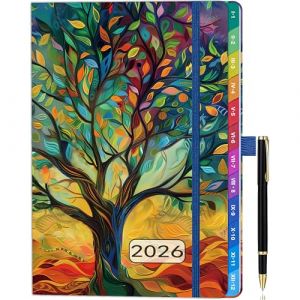Agenda semainier A5 2026 (janv. à déc.) – Design arbre multicolore Goldenrod avec onglets mensuels colorés, 2 signets, porte-stylo, boucle stylo et pochette intérieure – Organiseur élégant (ZT BenYu, neuf)