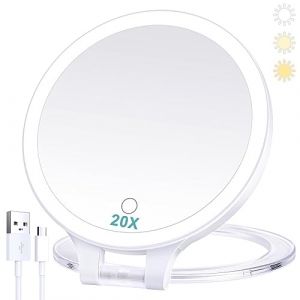 B Beauty Planet Miroir grossissant 20X/1X, Miroir de Table Double Face avec poignée Pliante Ajustable, Miroir de Voyage Rechargeable et éclairé avec 3 lumières de Couleur (B Beauty Planet-FR, neuf)