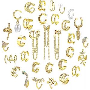 Diamday 32Pcs Manchette D'oreille R&eacute;glable Clip Wrap Boucle D'oreille Femmes Non Piercing Cartilage Cha&icirc;ne Manchettes D'oreille Serpent Papillon Faux H&eacute;lix Boucles d'Oreilles Sans Trou Or (Diamday, neuf)
