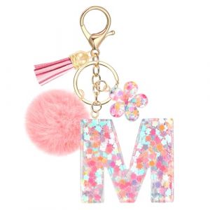 JSRQT Porte-clés Rose avec Initiale M pour Femmes Filles, Nom Porte-clés en Résine Lettres Alphabet à Paillettes et Fleurs, Pompons Pendentifs Bijou de Sac Keychain pour Sac à Main et Sac à Dos (JSRQT-JR, neuf)