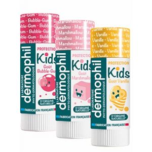 Dermophil Dermokid's Stick l&egrave;vres - Nouveaux Parfums- VANILLE * MARSHMALLOW * BUBBLE GUM - 3 sticks de 4g (ParapharmaQuiet, neuf)