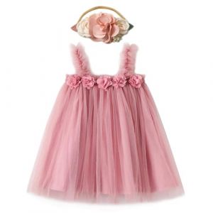 Miipat Robes Bébé Fille Jeune Enfant Princesse Tulle Tutu Robe vec Ceintures de Tête Florale pour Gâteau Cassé Fête d'anniversaire Prise de Photos Mariage Rose Foncé 110 3-4 Ans (Miipat, neuf)