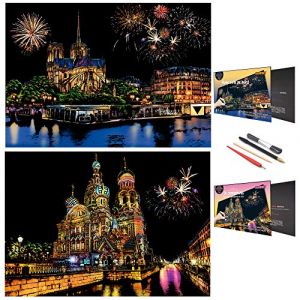 SiYear Ensemble de papier de peinture à gratter pour adultes et enfants, série monument, scène de nuit, tableau à gratter, cadeau créatif, gravure en aluminium avec 4 outils (série A3-Church) (charhoo, neuf)