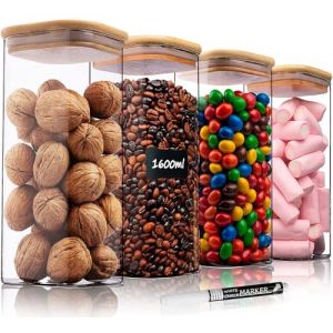 Deco haus® Bocaux en Verre Hermétique Lot de 4 [+ÉTIQUETTES] - Bocal en Verre avec Couvercle 4x1600ml - Bocal Rangement Cuisine - Bocaux de Conservation - Boite Anti Mites - Pot Hermétique Alimentaire (Mortred, neuf)