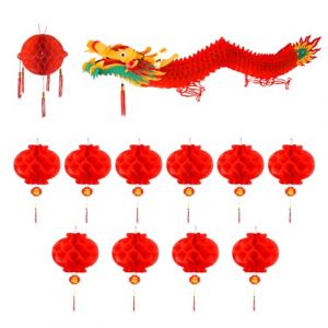 D&eacute;corations PLULON Dragon Chinois avec Lanterne Rouge 12 pi&egrave;ces, Guirlande de Dragons 3D &agrave; Suspendre au Plafond, Guirlande de lanternes en Papier pour Le Nouvel an Lunaire Chinois 2026 (Grocery Mall, neuf)