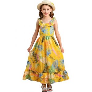 BONNY BILLY Robe Fille &Eacute;t&eacute; Imprim&eacute; Fleurs Boh&ecirc;me Chic Mousseline Longue Robe de Plage sans Manches 12-13 Ans Jaune (BONNY BILLY CLOTHING, neuf)