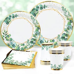 Assiettes Jetable Anniversaire Vert Sauge - 96pcs Or Vert Gobelets et Serviettes pour Fête De Mariage Baby Shower Fête prénatale, Fête à Thème Jungle (Qingkui Direct, neuf)
