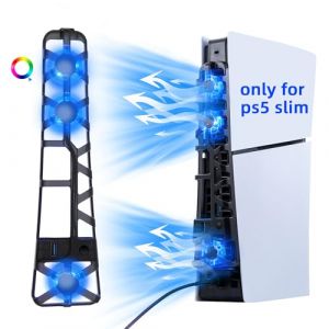 Mcbazel pour PS5 Slim Ventilateur de Refroidissement Lumière RVB et 3 Ventilateurs, Support Dissipation Rapide,Intelligent Température Refroidissement pour PS5 Slim DE/UHD - Noir(Non pour PS5/PS5 Pro) (TransChased, neuf)