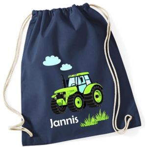 minimutz Sac de gym motif tracteur avec nom personnalisé - Sac en tissu pour garçon - Sac de sport à tirer - 12 l - 37 x 46 cm, [01] Bleu foncé, 37x46 cm (minimutz, neuf)