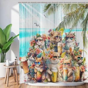 ASDCXZ Rideau de Douche drôle 120x200 cm, Chat drôle à la mer fête Fleurs rétro Grain de Bois Feuilles de Palmier Lavables en Textile Rideau de Bain imperméable pour Baignoire (Qingjuan Trade, neuf)