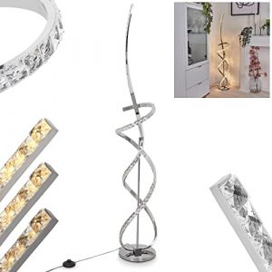 Lampadaire LED Robalo, lampe de sol en m&eacute;tal chrom&eacute;/blanc/effet scintillant, dimmable par interrupteur &agrave; pied, lampe courbe avec effet lumineux, LED 31 watts, 3000 K (hofstein, neuf)