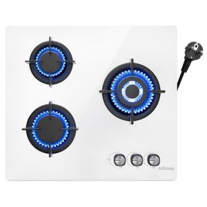 Plaque Gaz 3 Feux Blanc, Plaque de Cuisson Gaz 3 Feux Encastrable, Table de Cuisson 60 cm, Grilles en Fonte, 7,75 kW, Gazs Ville et Bouteille, Verre Blanc (IsEasy Appliances, neuf)