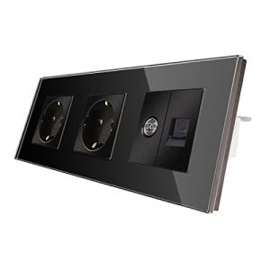 CNBINGO Prise Schuko encastr&eacute;e en verre avec combinaison CAT6 r&eacute;seau TV, double prise noire, prise murale double avec cadre en verre (CNBINGO OFFICIAL, neuf)